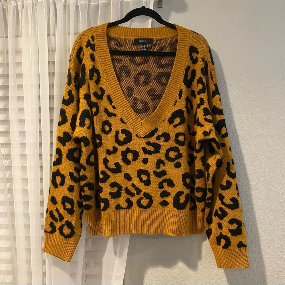 Leopard Print Deep V-Neck Sweater - Mustard Yellow